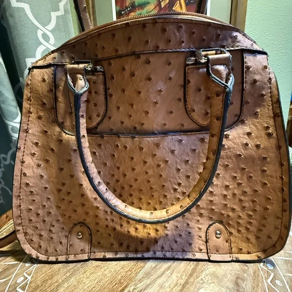 London Fog Brown Ostrich-Embossed Satchel Bag, often named "Lark" - Picture 2 of 12